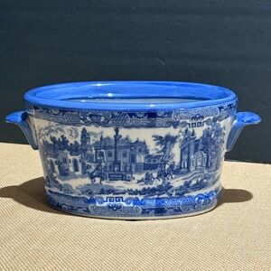 Victoria Ware Ironstone Flow Blue Planter With Handles 9 X 6.5 X 5